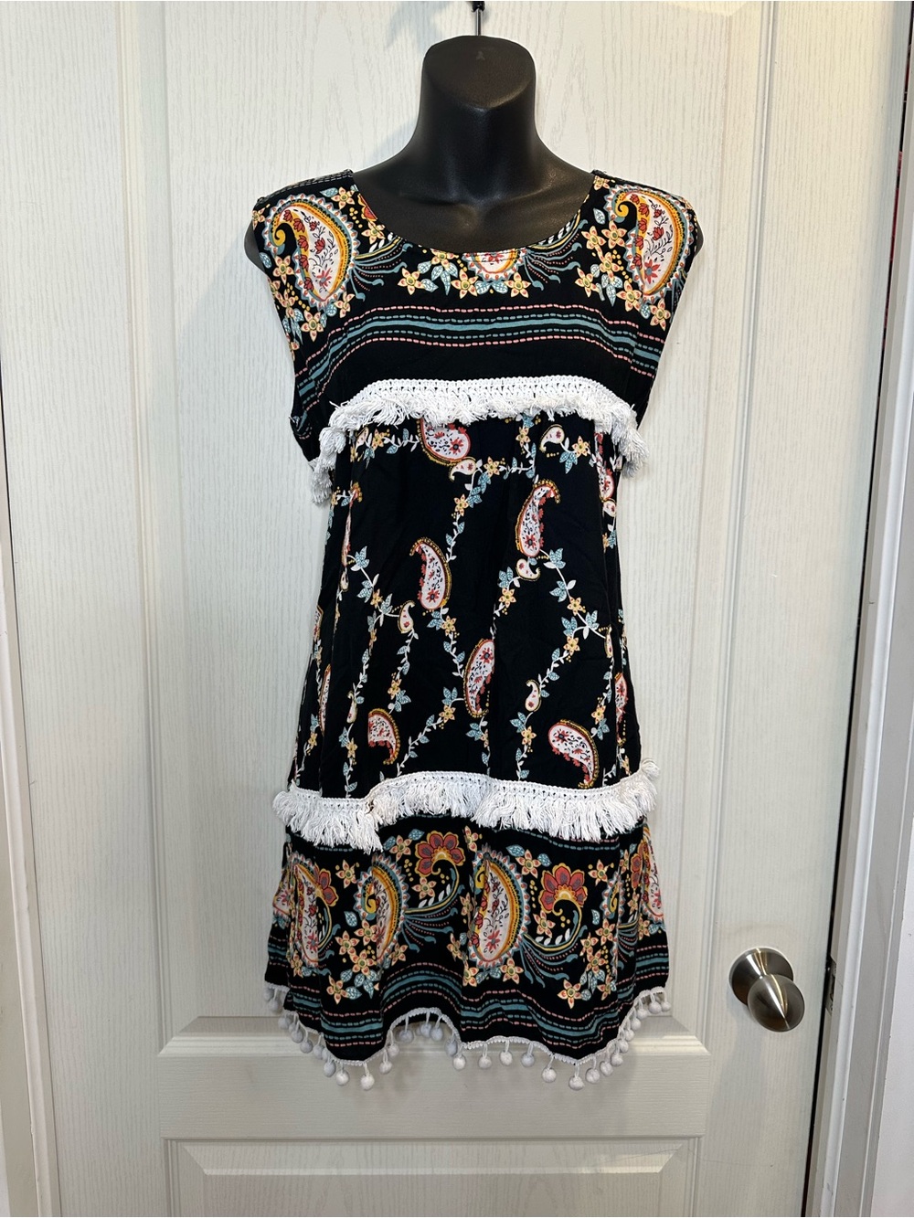 Boho Paisley Black Tassel Trim Sleeveless Dress 20” ptp